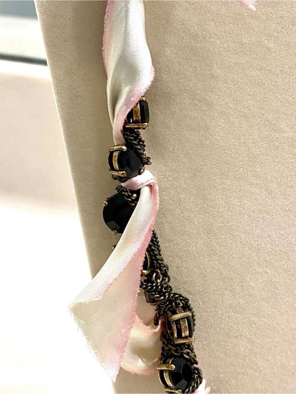 J. Crew Black Bead Necklace with Pink Ribbon Accents